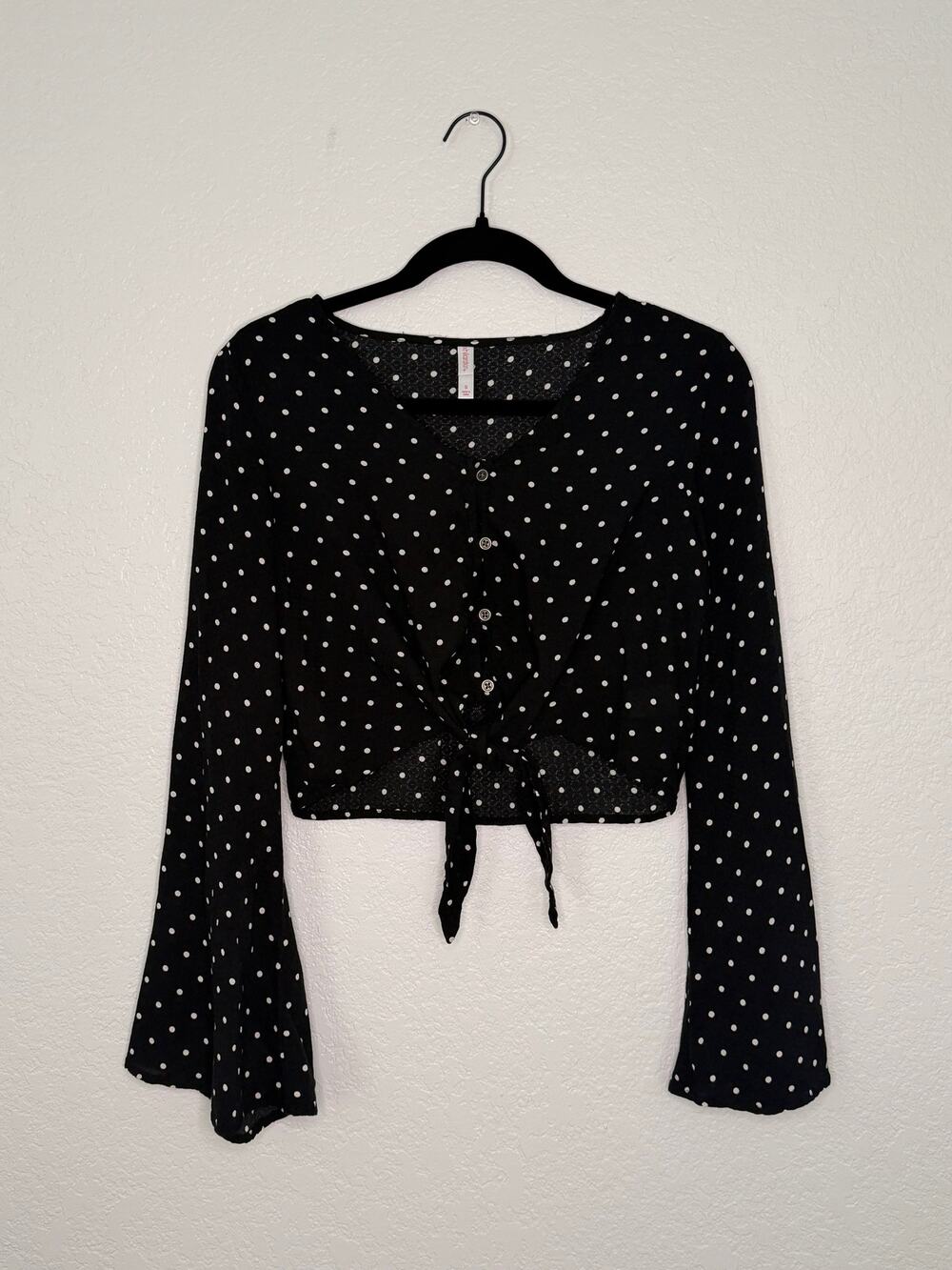 Xhilaration Black & White Polka Dot Cropped Tie‑Front Top – Size Small